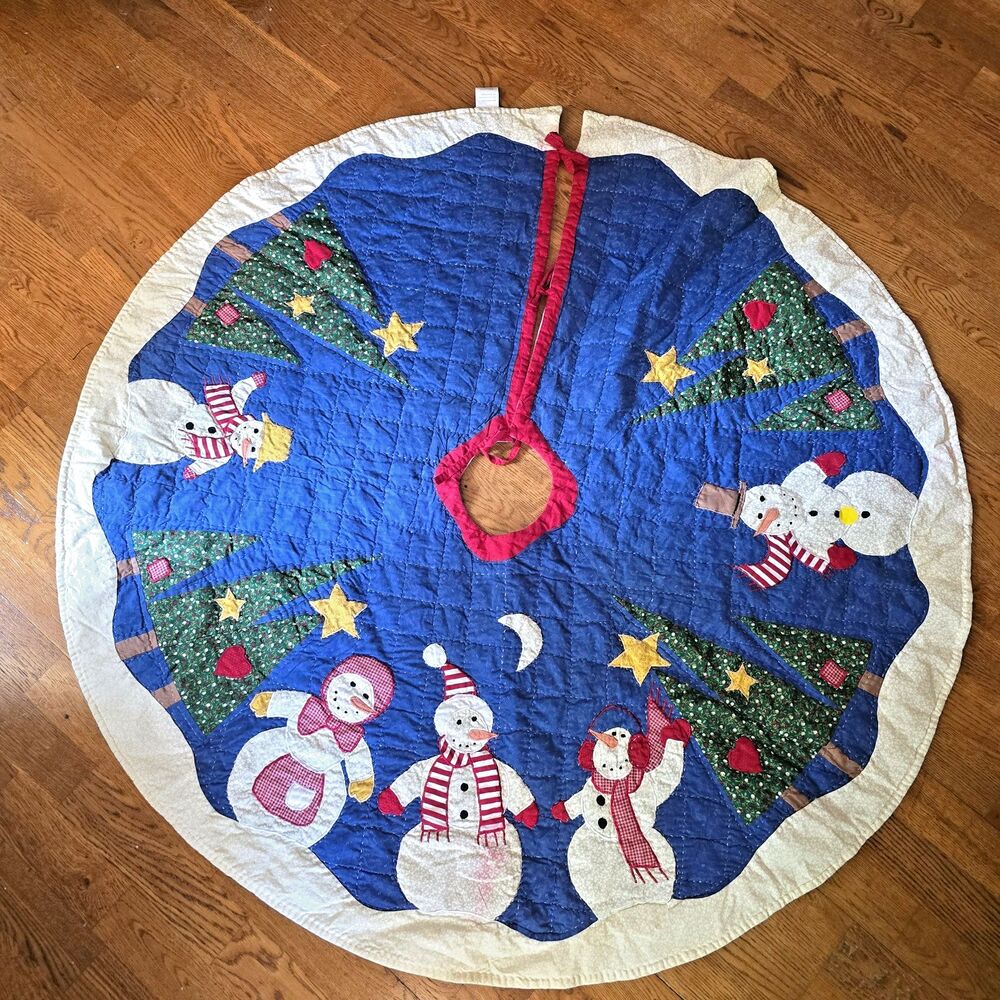 Large Snowman Christmas Tree Skirt Quilted Applique Holiday Decor Vintage 47.5"